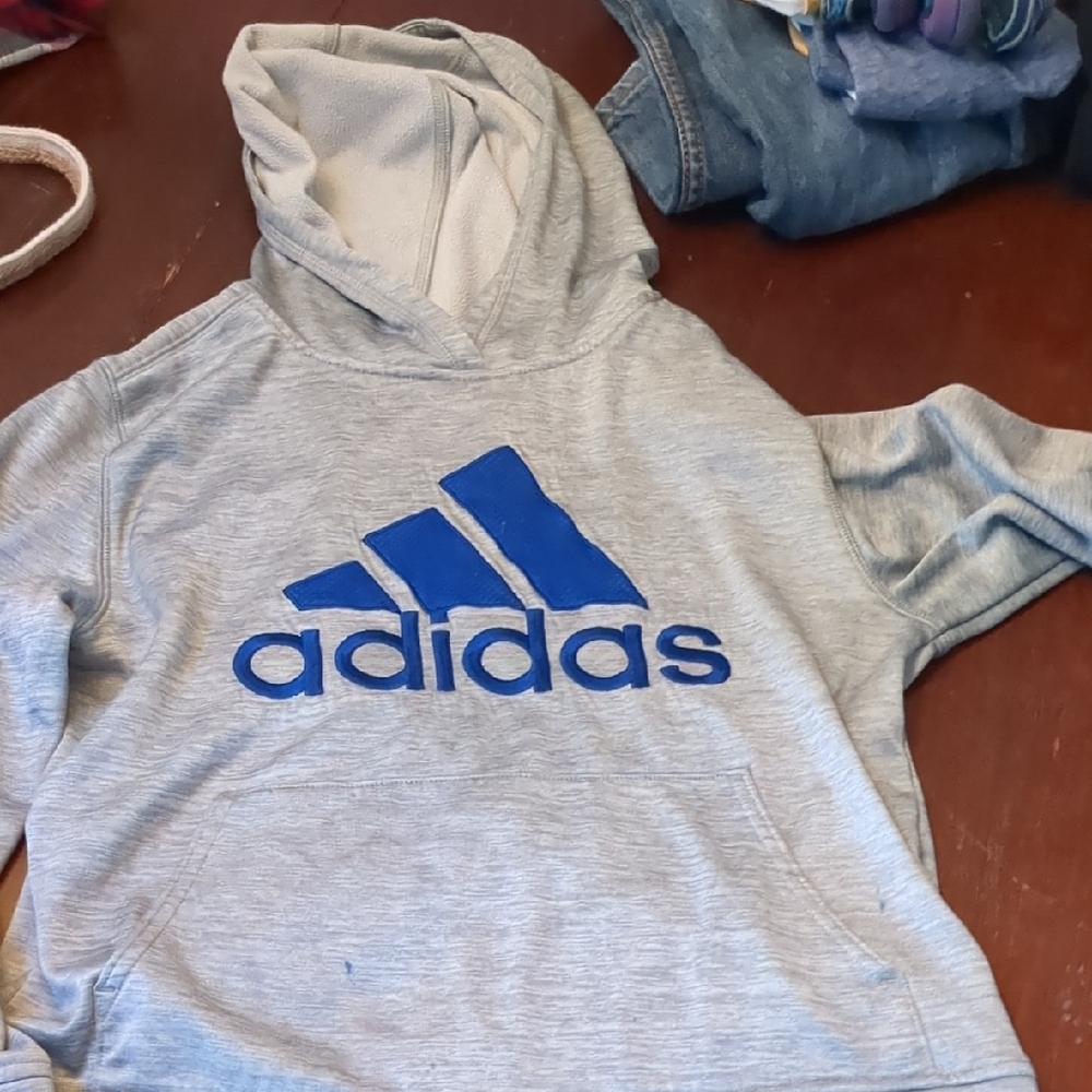 Adidas Light Gray Hoodie with Blue Logo